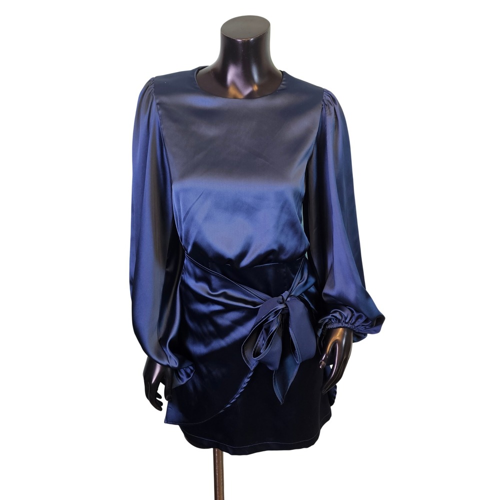 Petal + Pup Opal Dress Peacock Teal Blue Satin Wrap Mini Balloon Sleeve Womens 4